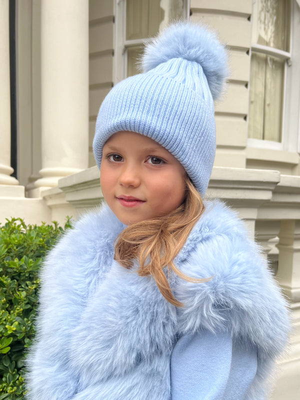 Childrens Baby Blue Premium Faux Fur Bobble Hat
