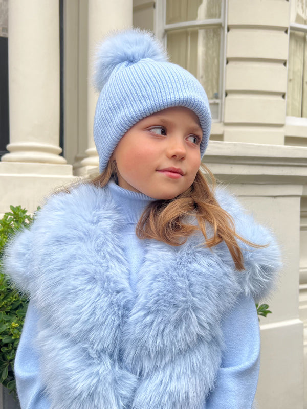 Childrens Baby Blue Premium Faux Fur Bobble Hat