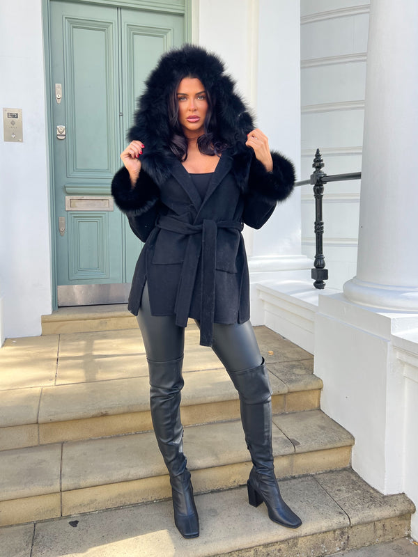 Black/Black Cashmere Coat With Fox Fur Trim