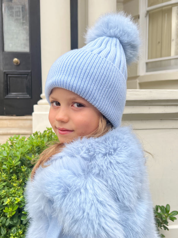 Childrens Baby Blue Premium Faux Fur Bobble Hat