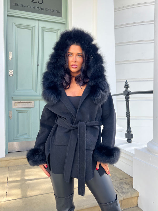 Black/Black Cashmere Coat With Fox Fur Trim