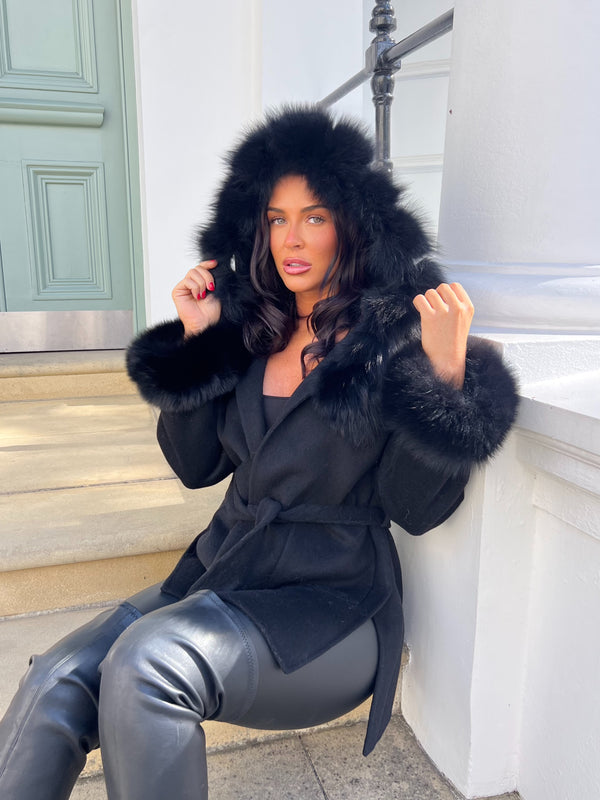 Black/Black Cashmere Coat With Fox Fur Trim