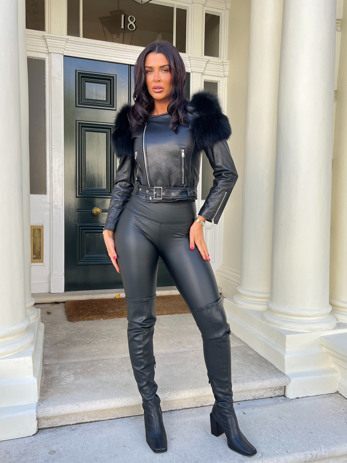 Black Black Collarless Luxury Fur Biker Jacket
