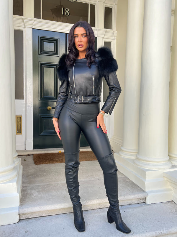 Black/Black Collarless Luxury Fur Biker Jacket