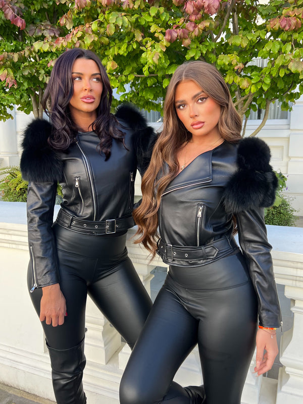 Black/Black Collarless Luxury Fur Biker Jacket