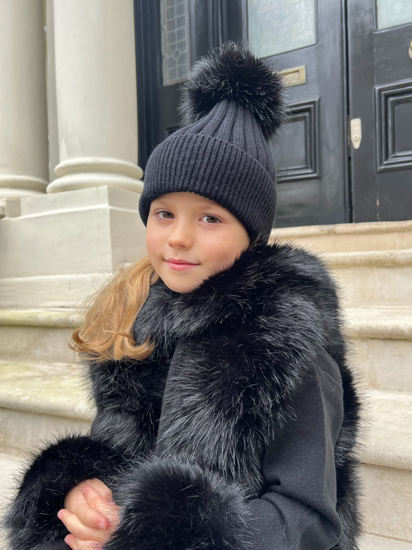 Childrens Black Premium Faux Fur Bobble Hat