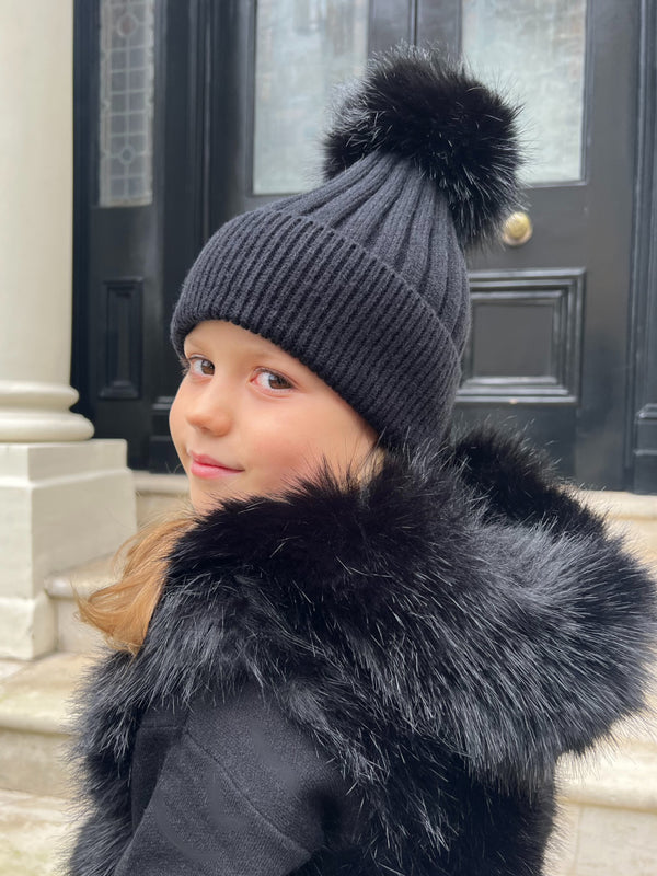 Childrens Black Premium Faux Fur Bobble Hat