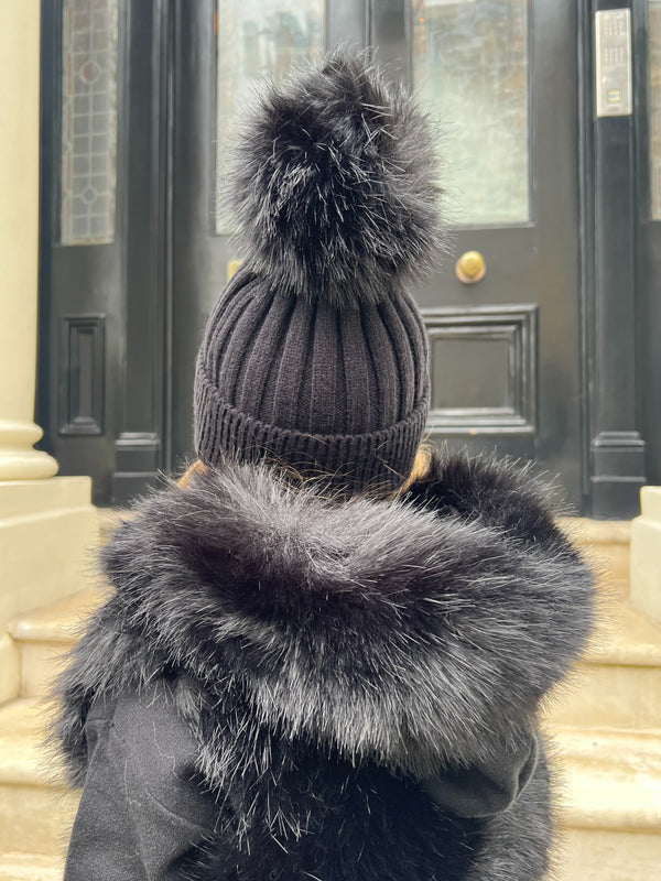 Childrens Black Premium Faux Fur Bobble Hat