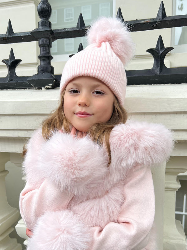 Childrens Baby Pink Premium Faux Fur Bobble Hat
