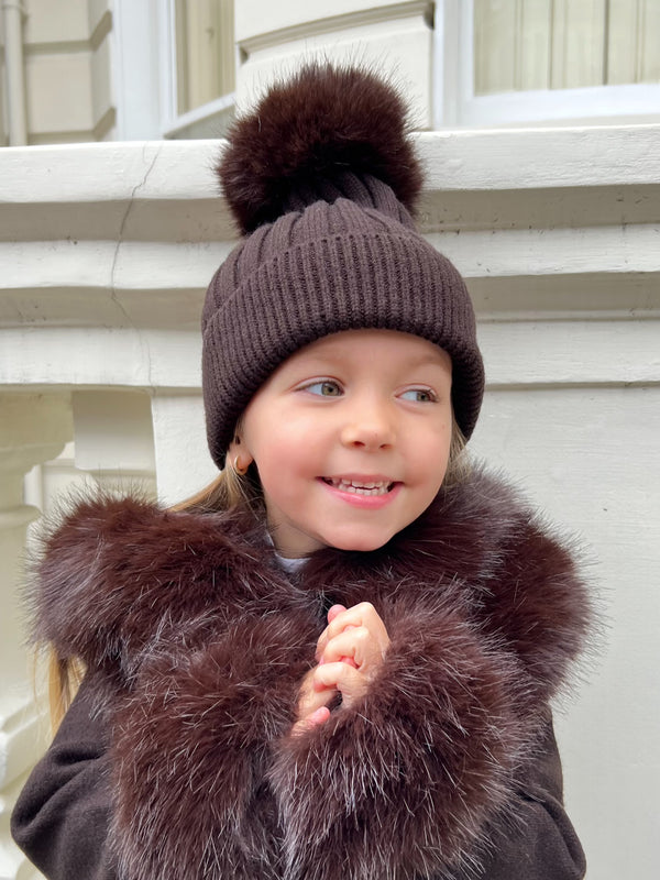 Childrens Chocolate Premium Faux Fur Bobble Hat