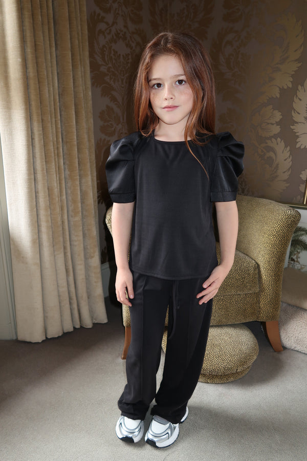 Lauren Goodger & Larose Childrens Black Silky Puff Sleeve Top