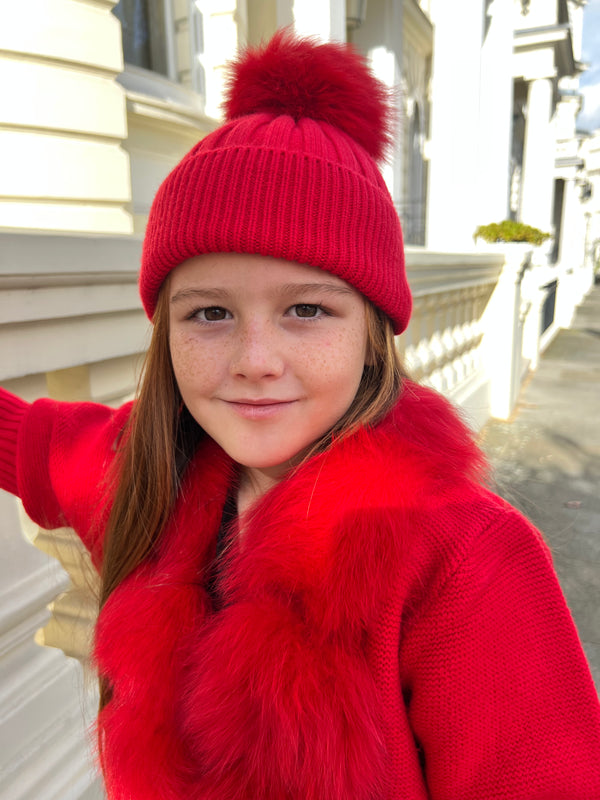 Childrens Red Luxury Fur Bobble Hat