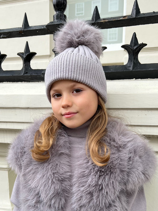 Childrens Light Grey Premium Faux Fur Bobble Hat
