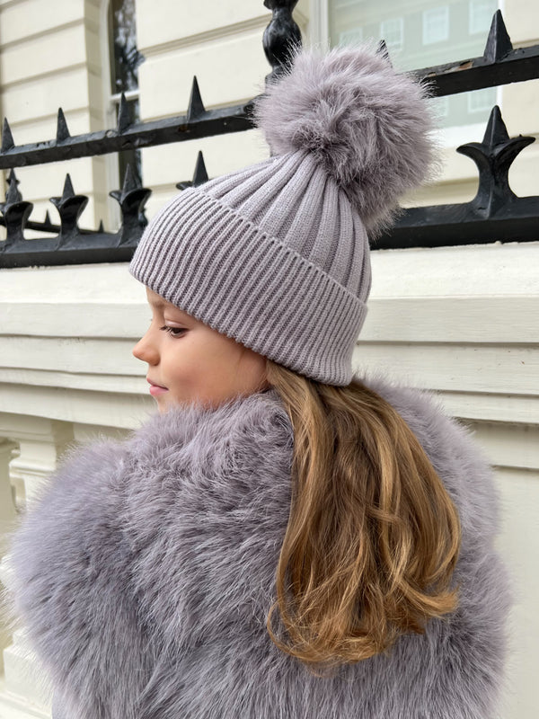 Childrens Light Grey Premium Faux Fur Bobble Hat