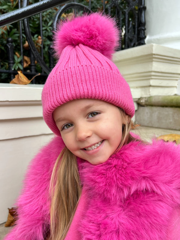Childrens Hot Pink Premium Faux Fur Bobble Hat