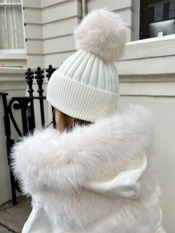Childrens Cream Premium Faux Fur Bobble Hat