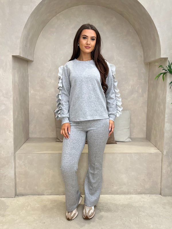 Grey Ruffle Sleeve Wide Leg Co Ord
