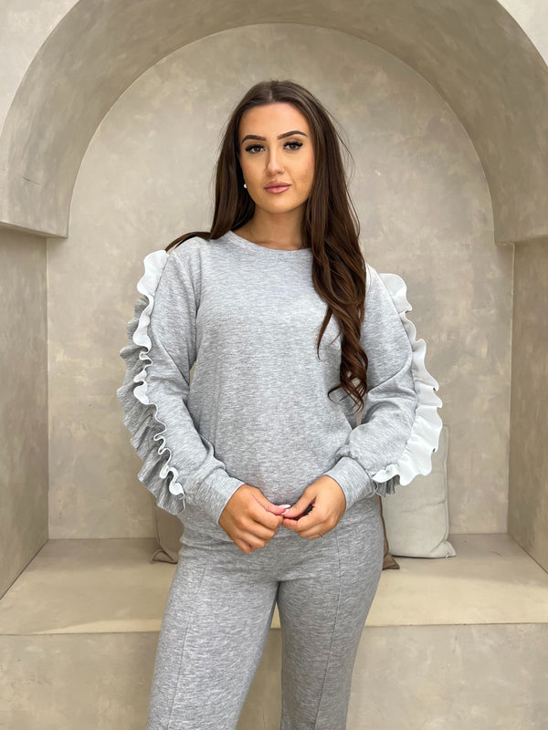 Grey Ruffle Sleeve Wide Leg Co Ord