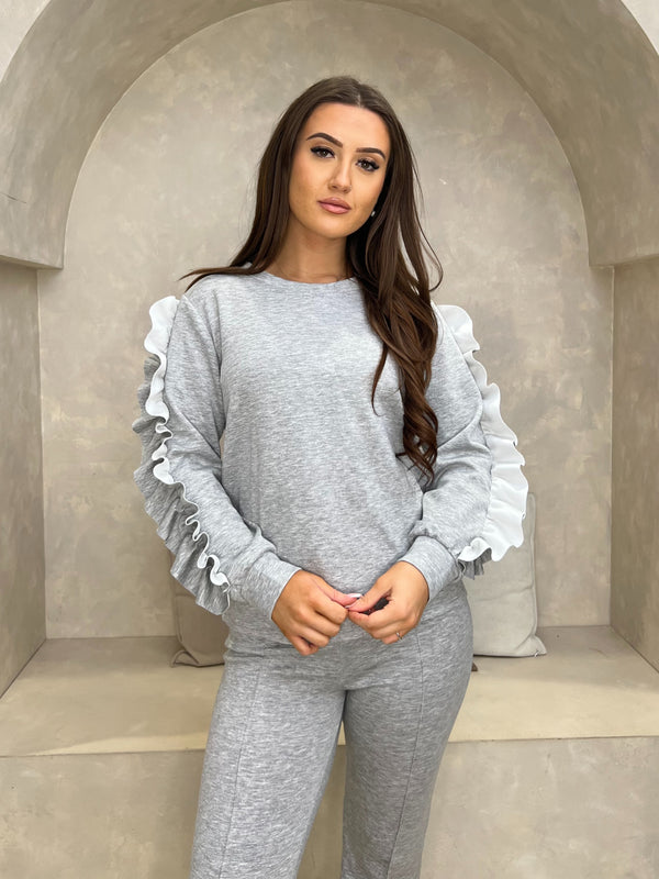 Grey Ruffle Sleeve Wide Leg Co Ord