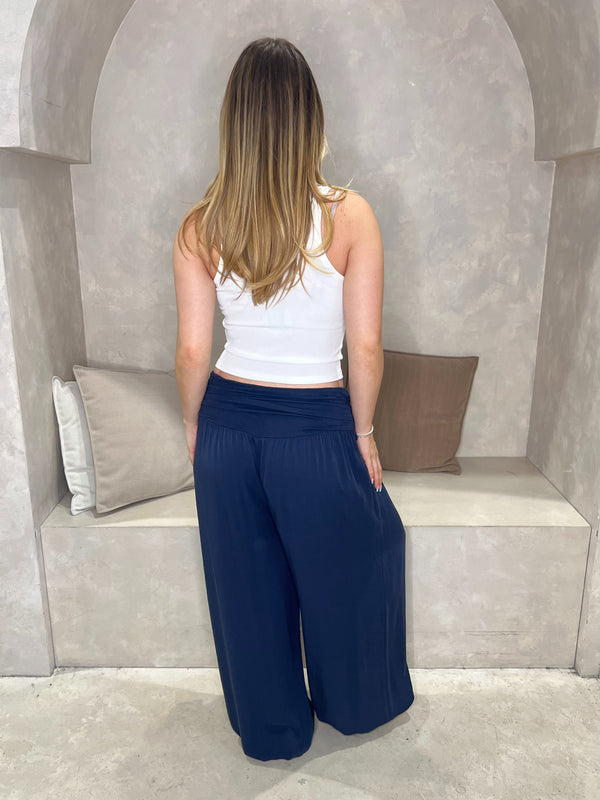 Navy Ruched Band Cuffed Ankle Trousers - HL London