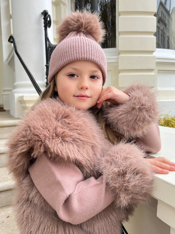 Childrens Taupe Premium Faux Fur Bobble Hat