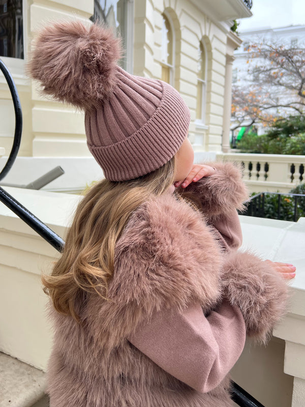 Childrens Taupe Premium Faux Fur Bobble Hat