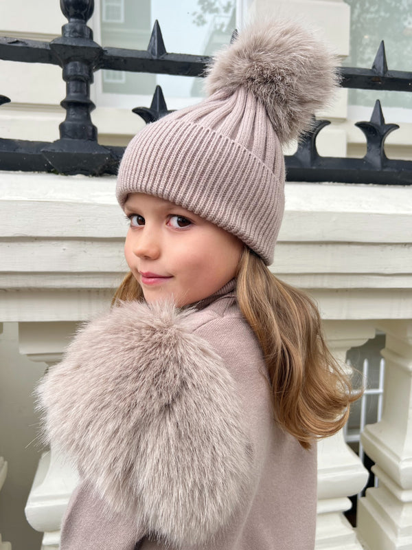 Childrens Beige Premium Faux Fur Bobble Hat