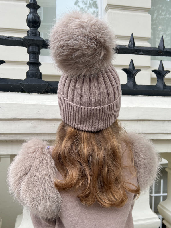 Childrens Beige Premium Faux Fur Bobble Hat