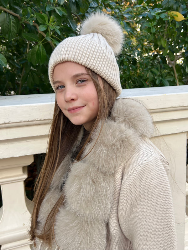 Childrens Beige Luxury Fur Bobble Hat
