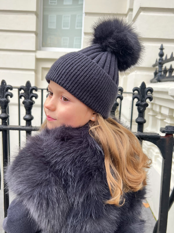 Childrens Charcoal Premium Faux Fur Bobble Hat