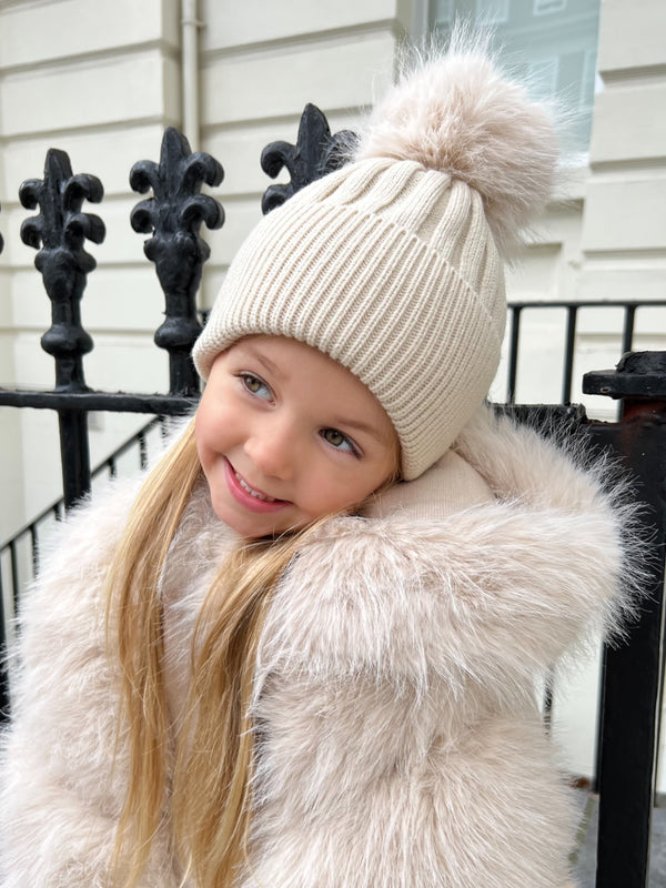 Childrens Light Beige Premium Faux Fur Bobble Hat