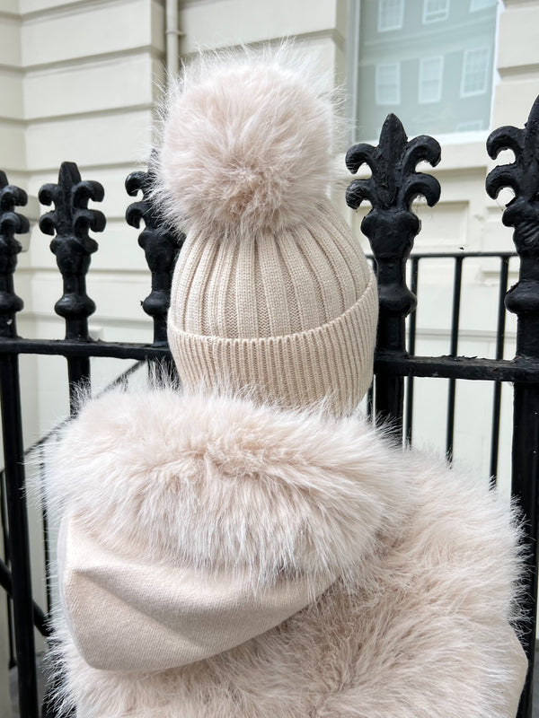 Childrens Light Beige Premium Faux Fur Bobble Hat
