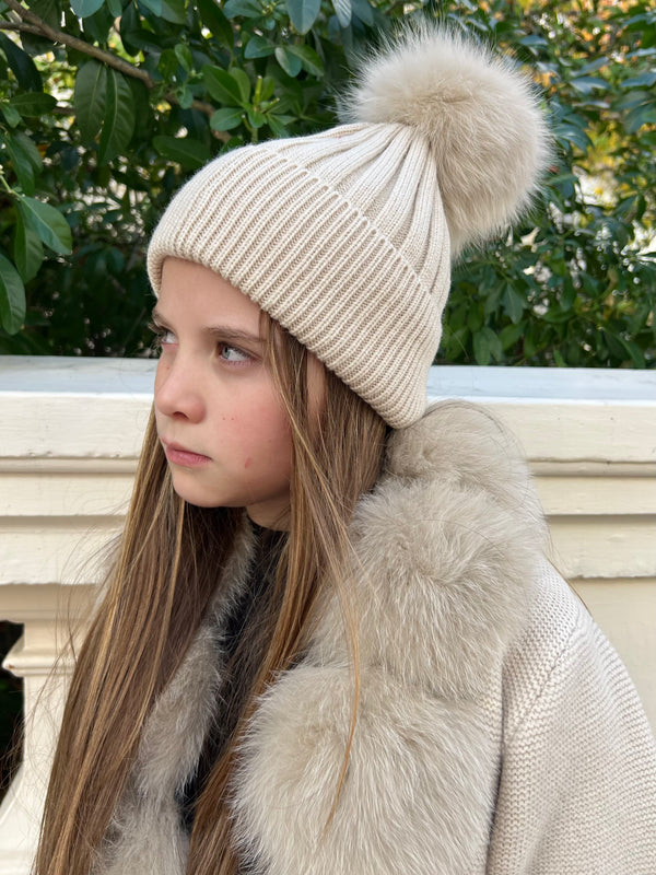 Childrens Beige Luxury Fur Bobble Hat