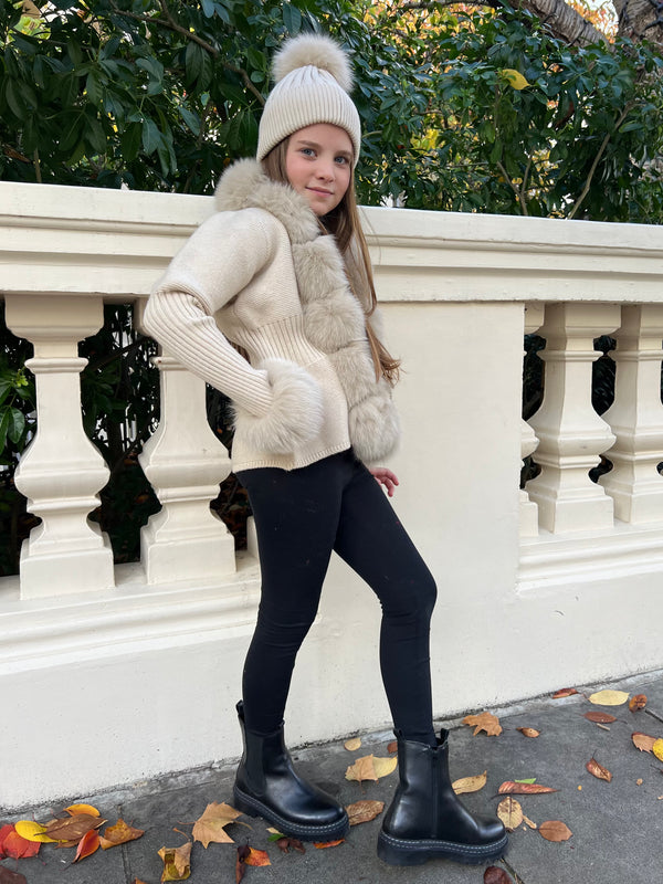 Childrens Beige Luxury Fur Bobble Hat