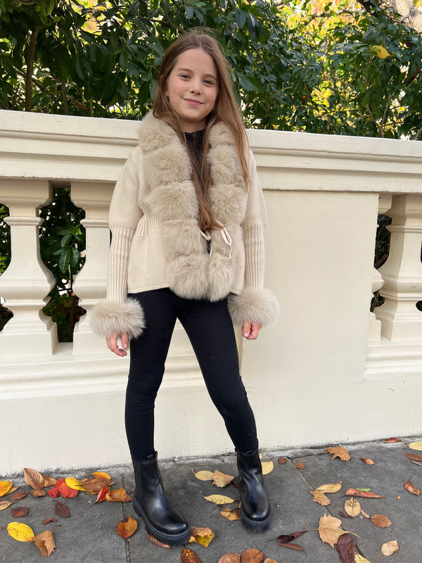 Childrens Beige Luxury Fur Cardigan