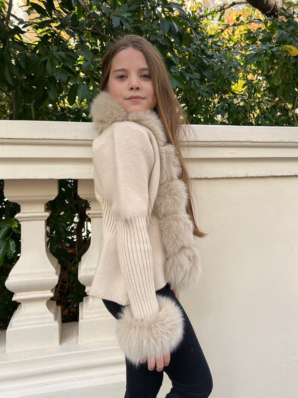 Childrens Beige Luxury Fur Cardigan