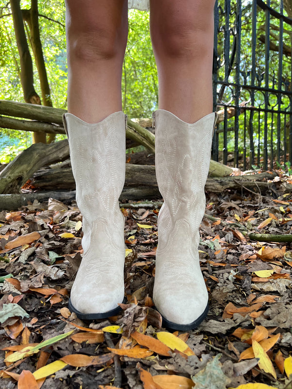 Beige Calf Length Suede Effect Cowboy Boots