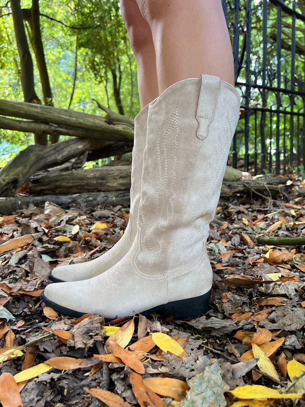 Beige Calf Length Suede Effect Cowboy Boots