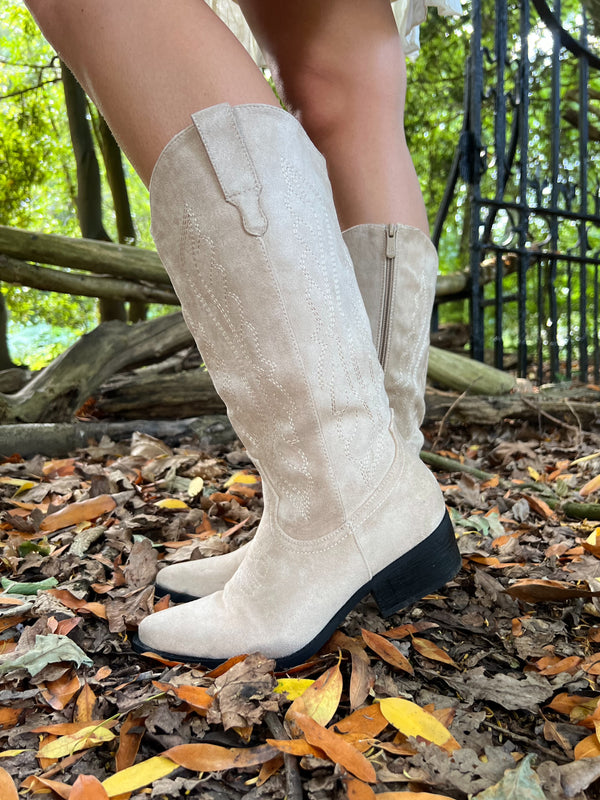 Beige Calf Length Suede Effect Cowboy Boots