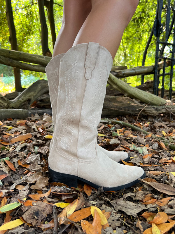 Beige Calf Length Suede Effect Cowboy Boots