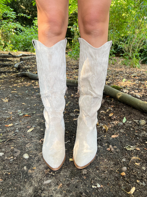Beige Knee High Embroidered Cowboy Boots