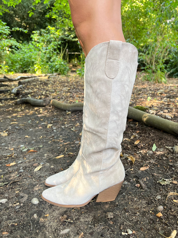Beige Knee High Embroidered Cowboy Boots