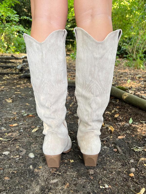 Beige Knee High Embroidered Cowboy Boots