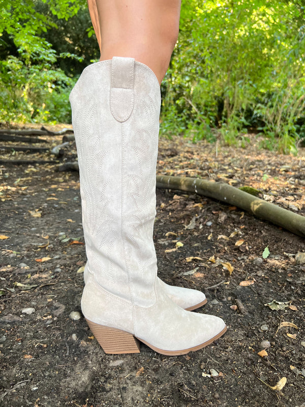 Beige Knee High Embroidered Cowboy Boots