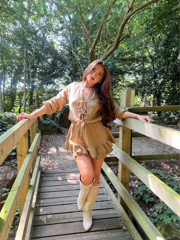 Beige Knee High Embroidered Cowboy Boots