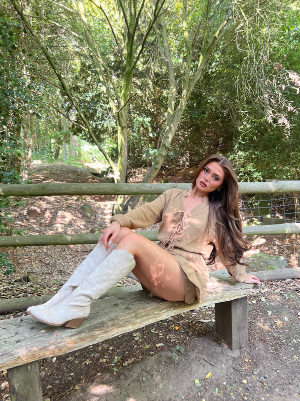 Beige Knee High Embroidered Cowboy Boots