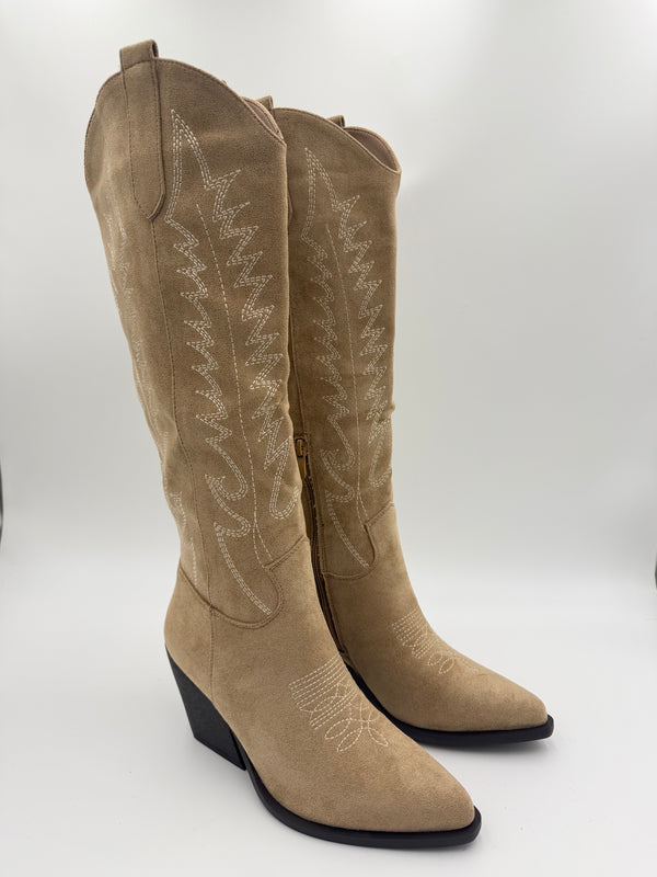 Dark Beige Knee High Faux Suede Western Cowboy Boots in Dark Beige / 36/3 - HL London