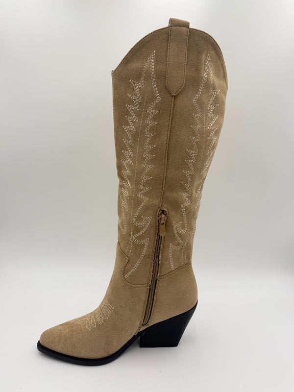 Dark Beige Knee High Faux Suede Western Cowboy Boots in Dark Beige / 36/3 - HL London