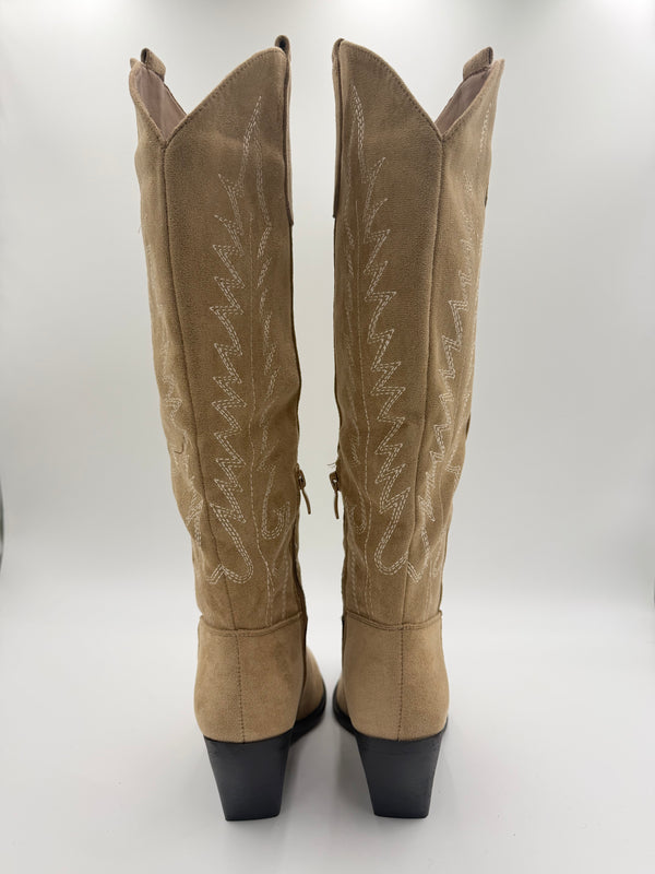 Dark Beige Knee High Faux Suede Western Cowboy Boots in Dark Beige / 36/3 - HL London