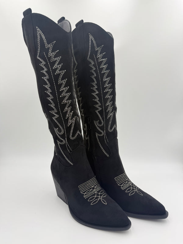 Black Knee High Faux Suede Western Cowboy Boots in Black / 36/3 - HL London